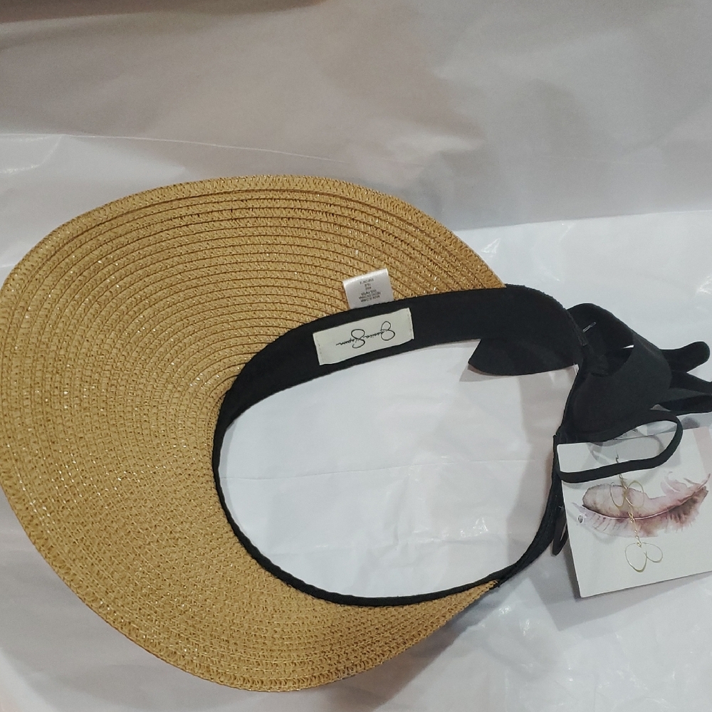 Jessica Simpson black ribbon‎ trim packable summer visor straw hat new